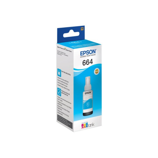 Epson 664 EcoTank Cyan Mustesäiliö. Alkuperäinen 70 ml:n täytemuste, jolla tulostat jopa 7500 sivua.