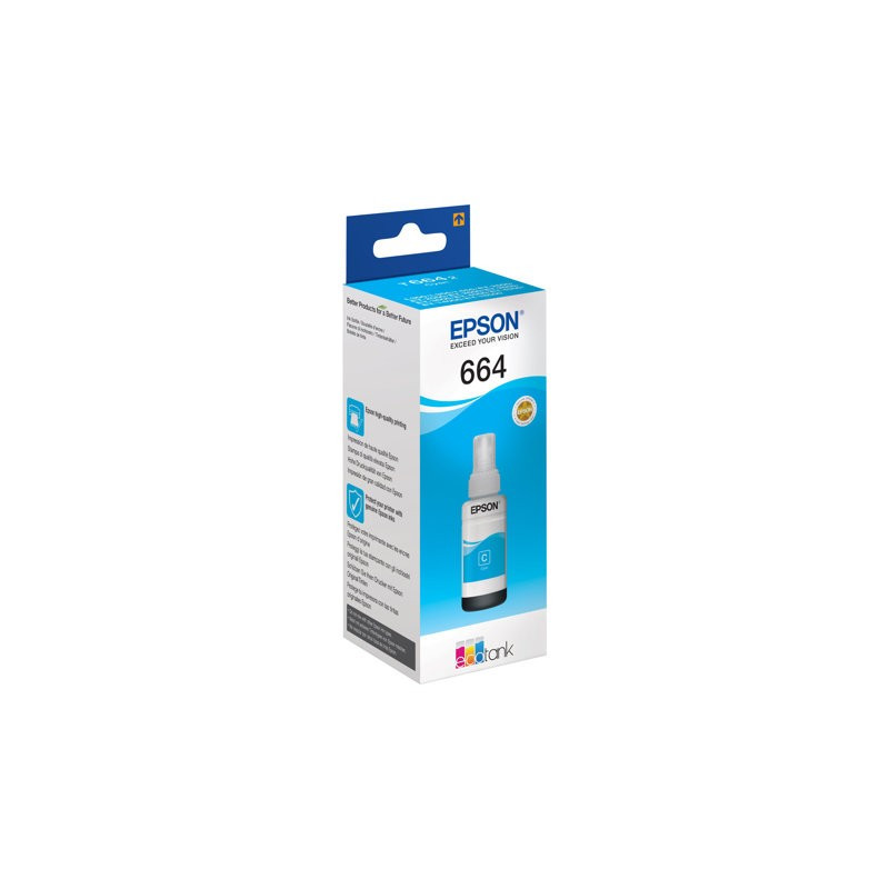 Epson 664 EcoTank Cyan Mustesäiliö. Alkuperäinen 70 ml:n täytemuste, jolla tulostat jopa 7500 sivua.