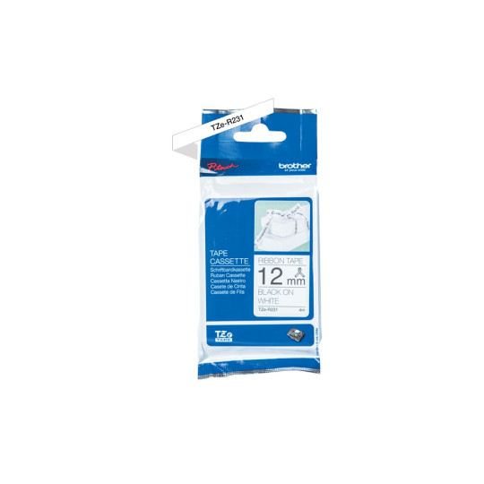 Brother TZe-R231 Satiininauha 12mm musta/valkoinen (P-Touch)
