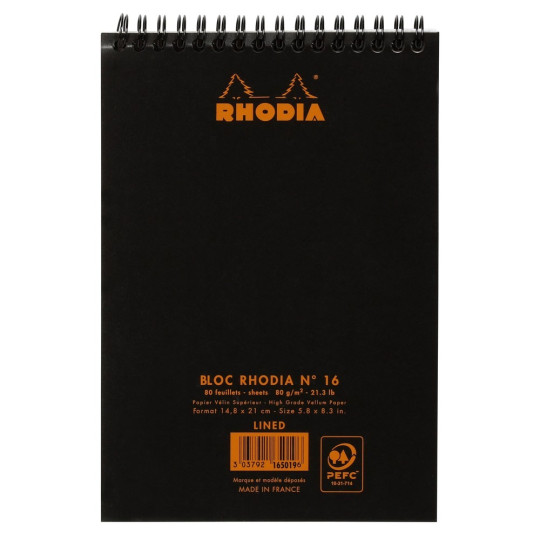 Laadukas viivapaperilehtiö Rhodia N°16 A5-koossa, säänkestävillä kansilla ja parikierresidonnalla.