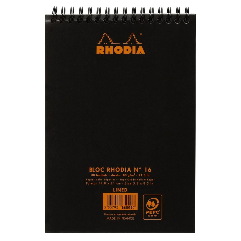 Laadukas viivapaperilehtiö Rhodia N°16 A5-koossa, säänkestävillä kansilla ja parikierresidonnalla.