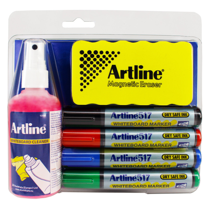 Valkotaulusetti Artline 517 - 4 tussia, pyyhin ja puhdistusaine yhdessä paketissa