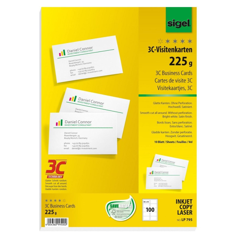 Käyntikortti Sigel 3C 225g / 10 arkkia (100 korttia)