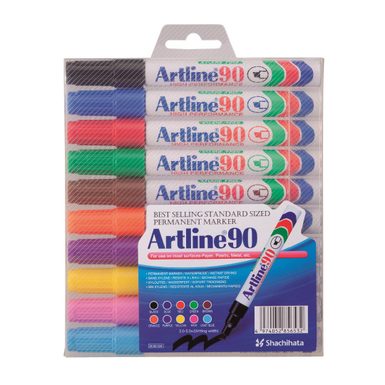 Huopakynäsarja 10 väriä Artline 90 - leveä, edullinen permanent marker