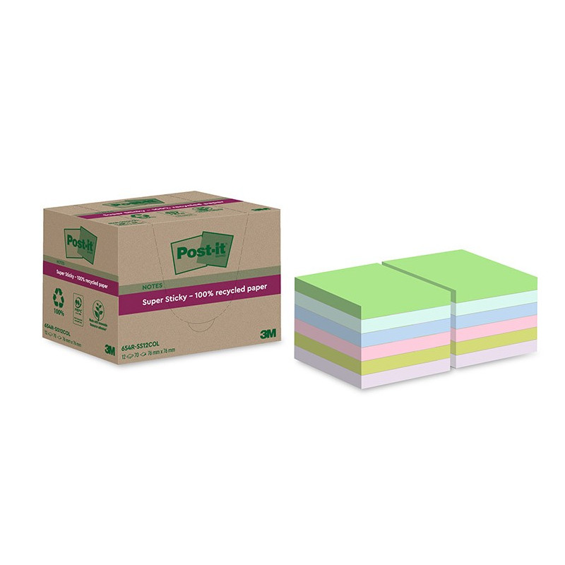 Post-It 654 EKO Super Sticky 76x76mm/12kpl Värilajitelma, viestilappu kierrätyspaperista
