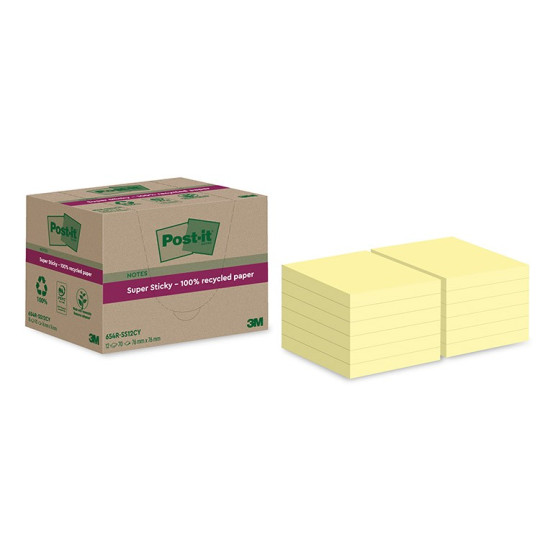 Post-It 654 EKO Super Sticky 76x76mm/12kpl Keltainen, viestilappu kierrätyspaperista