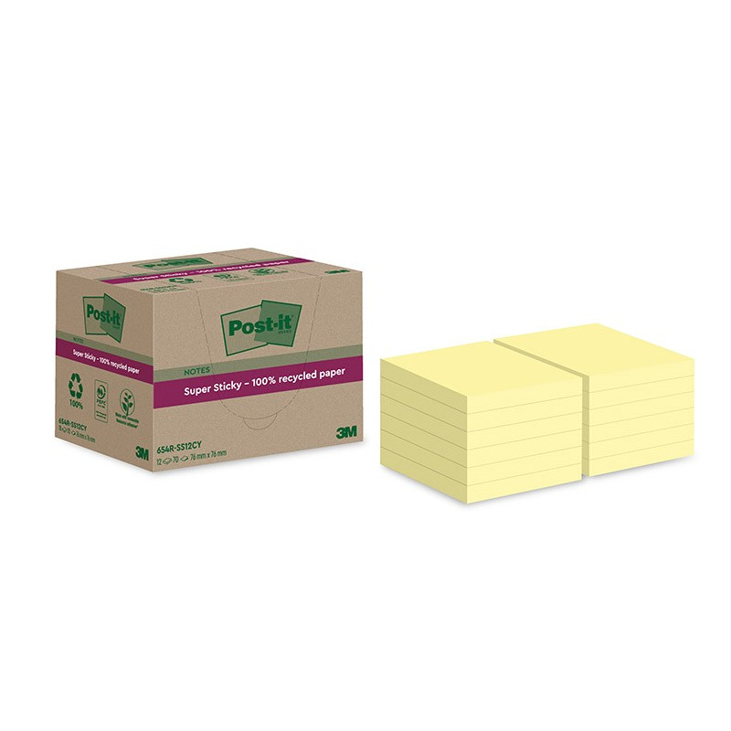 Post-It 654 EKO Super Sticky 76x76mm/12kpl Keltainen, viestilappu kierrätyspaperista