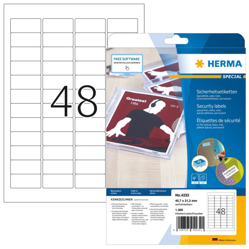 Herma 4232 Turvatarra 45,7x21,2mm - korkealuokkainen turvamerkintä