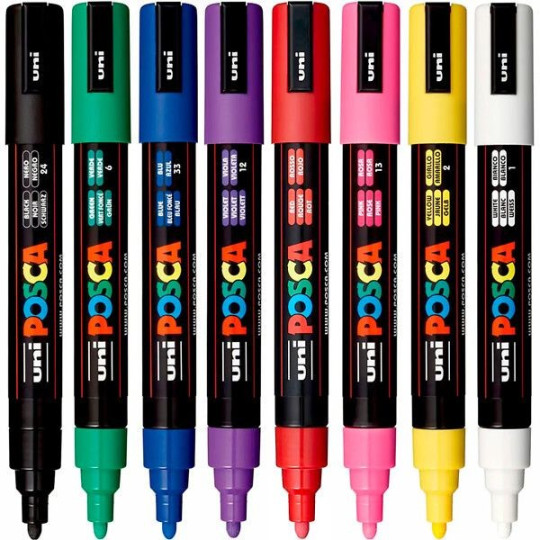 Maalikynäsarja 2,5mm /8kpl UNI PC-5M Posca Paint Marker, perusvärit kaiken merkintään.