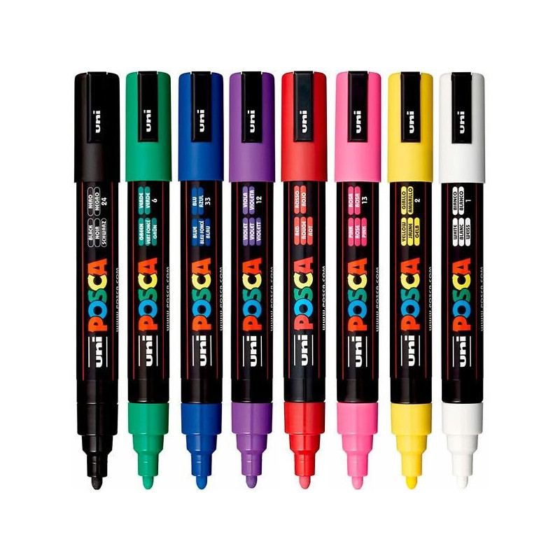 Maalikynäsarja 2,5mm /8kpl UNI PC-5M Posca Paint Marker, perusvärit kaiken merkintään.