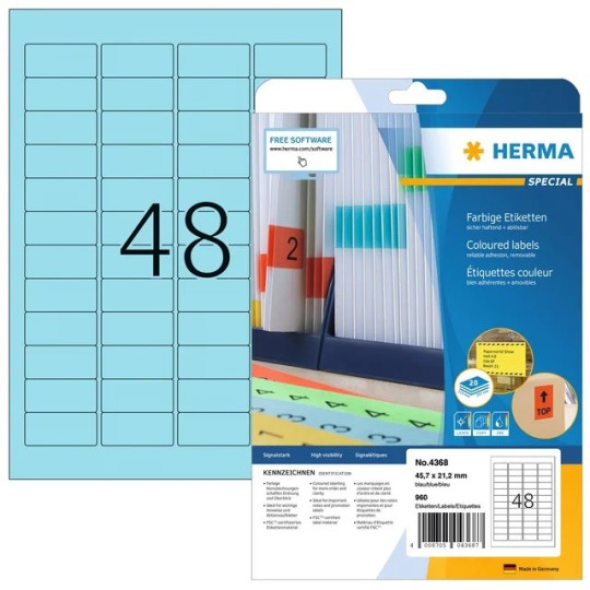 Herma 4368 Sininen 45,7x21,2mm (A4 48-jakoinen)