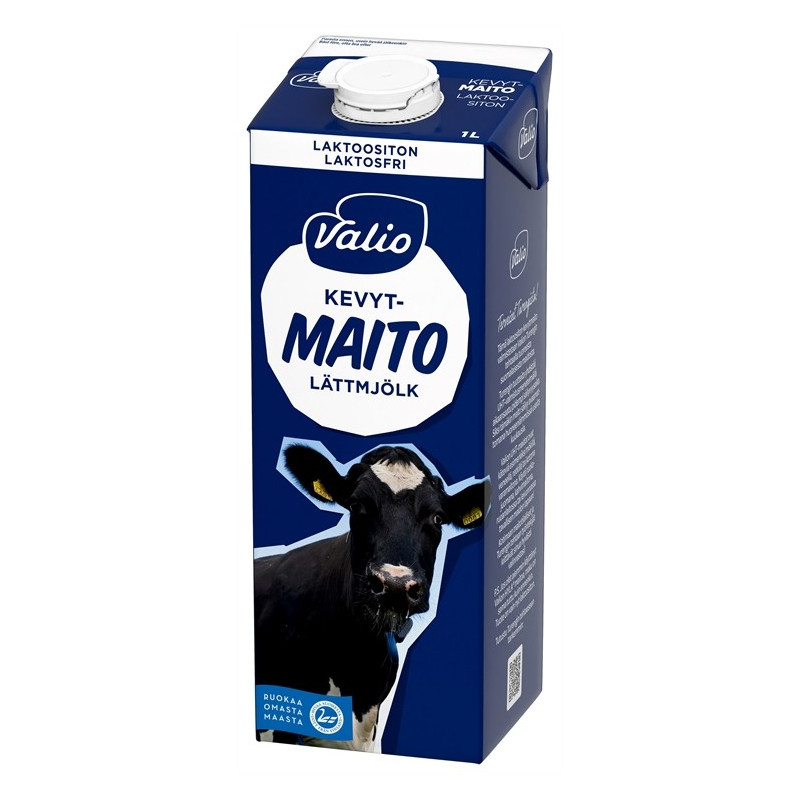 Kevytmaito 1 litra Valio UHT Laktoositon - kotimainen perusmaito kahvihuoneeseen
