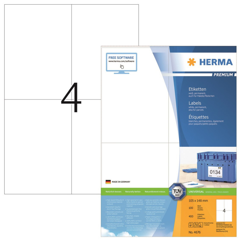 Tulostustarra 105x148mm 4-jakoinen Herma 4676