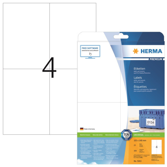 Tulostustarra 105x148mm 4-jakoinen Herma 5036