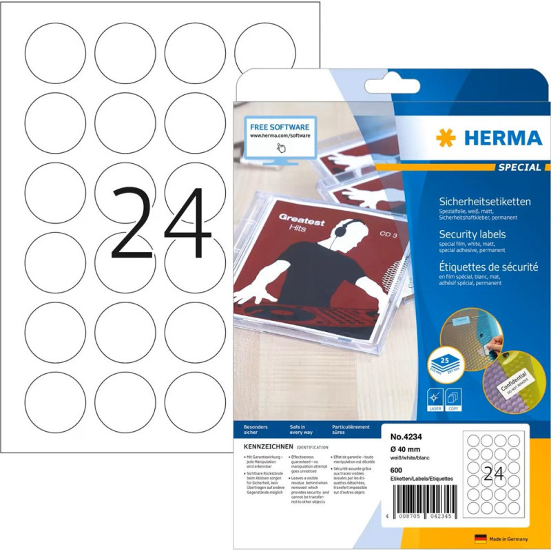 Herma 4234 Turvatarra 40mm Läpinäkyvä - sinettitarra tulostamiseen