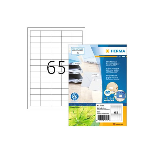 Tulostustarra A4 38,1x21,2mm 65-jakoinen Herma EKO 10725