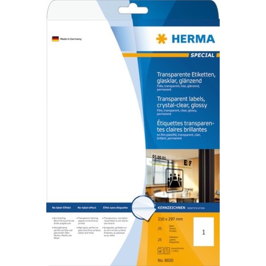 Herma 8020 Läpinäkyvä tarra 210x297mm 1-jakoinen