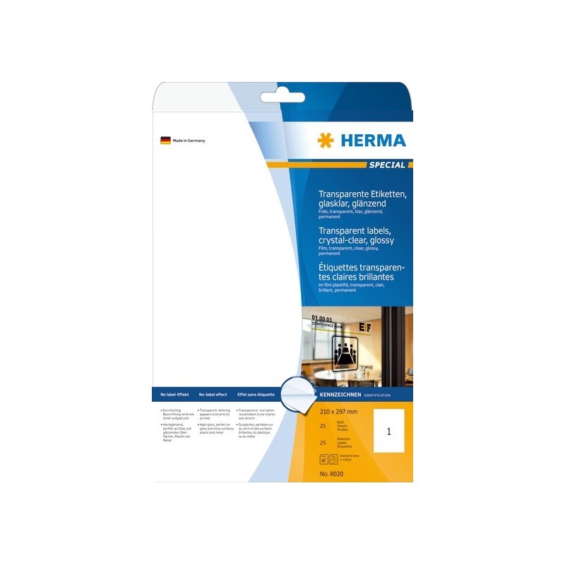 Herma 8020 Läpinäkyvä tarra 210x297mm 1-jakoinen