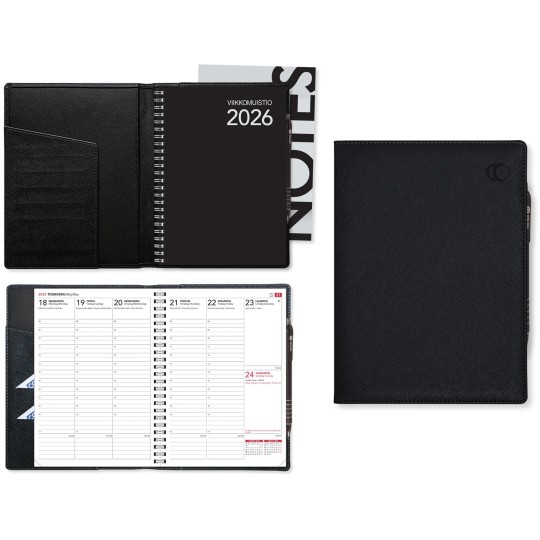 Viikkomuistio 2026 Plus musta - klassinen pöytäkalenteri A5-koossa