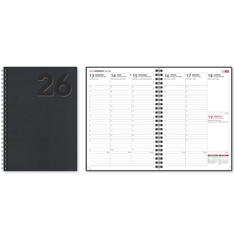 EkoViikkomuistio 2026 Musta - ekologinen ja kevyt A5-pöytäkalenteri