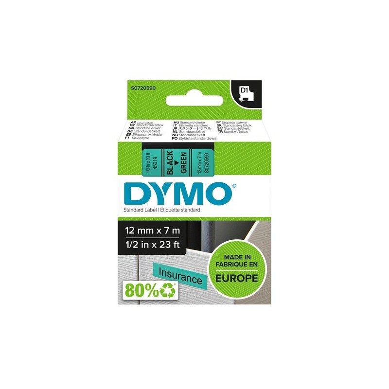 Tarrakasetti 12mm Musta/vihreä Dymo 45019 - lukuisia käyttökohteita sisällä ja ulkona