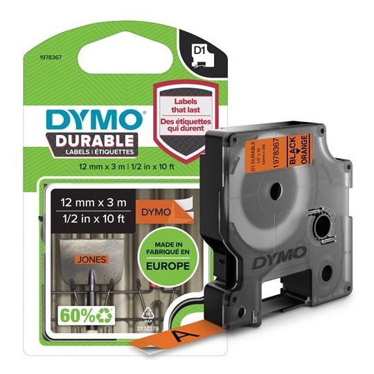 Dymo D1 Extra Strong 12mmx3m Musta/Oranssi