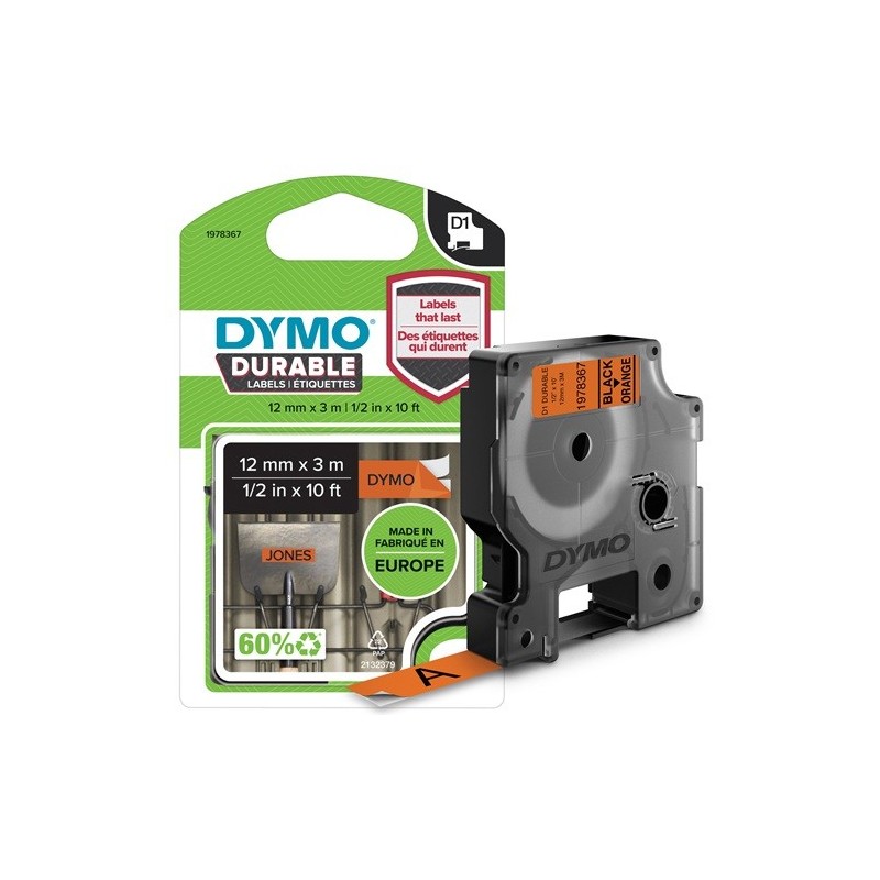 Dymo D1 Extra Strong 12mmx3m Musta/Oranssi