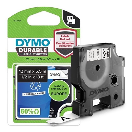Dymo D1 Extra Strong 12mmx5,5m Musta/Valkoinen