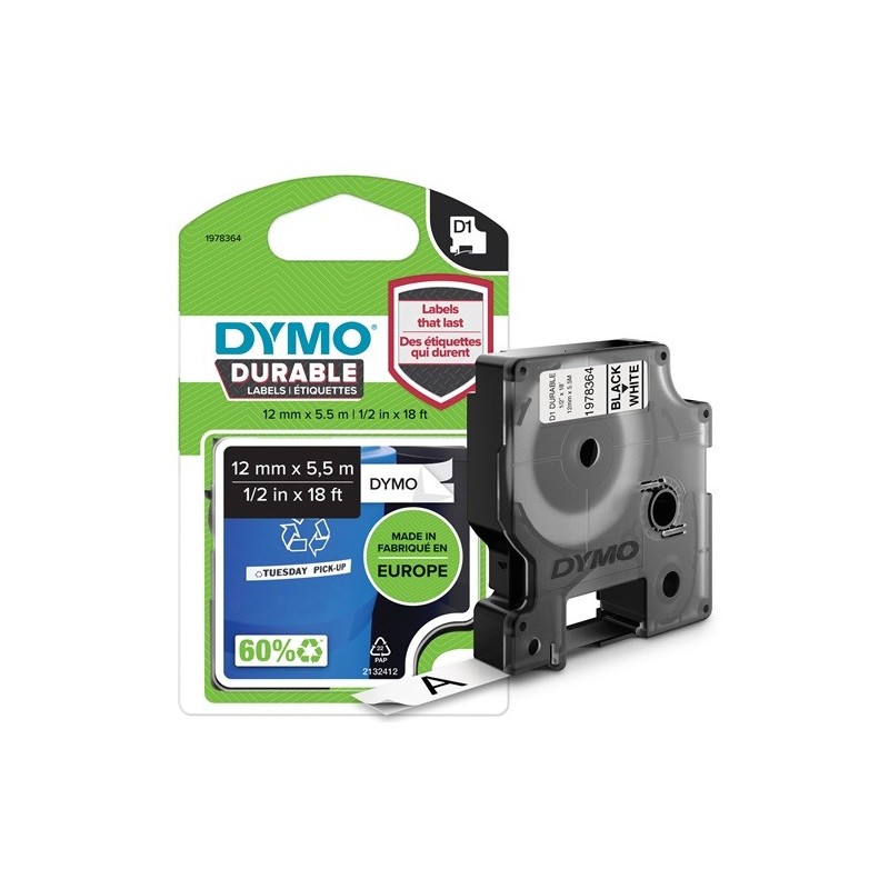 Dymo D1 Extra Strong 12mmx5,5m Musta/Valkoinen