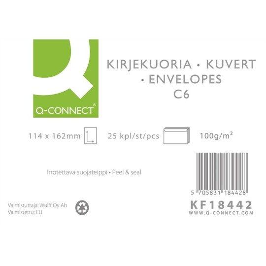 Kirjekuori C6 Uusiopaperi /25kpl Q-Connect