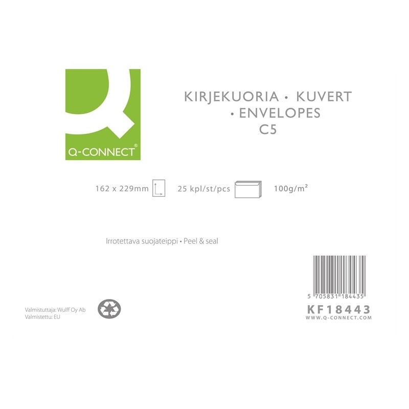 Kirjekuori C5 Uusiopaperi /25kpl Q-Connect