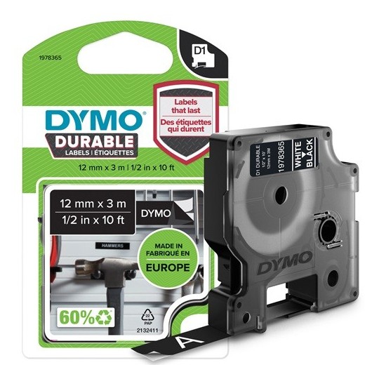 Dymo D1 Extra Strong 12mmx3m Musta/Valkoinen