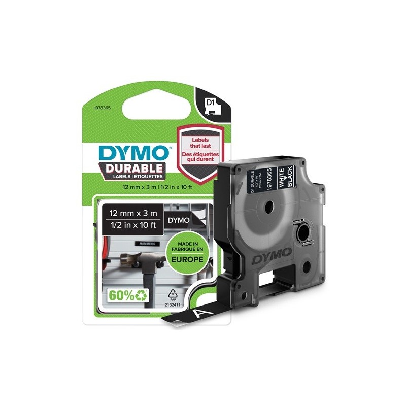 Dymo D1 Extra Strong 12mmx3m Musta/Valkoinen