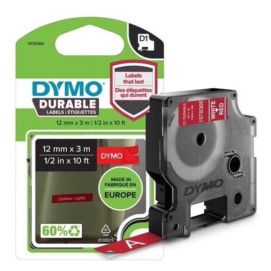 Dymo D1 Extra Strong 12mmx3m Musta/Punainen