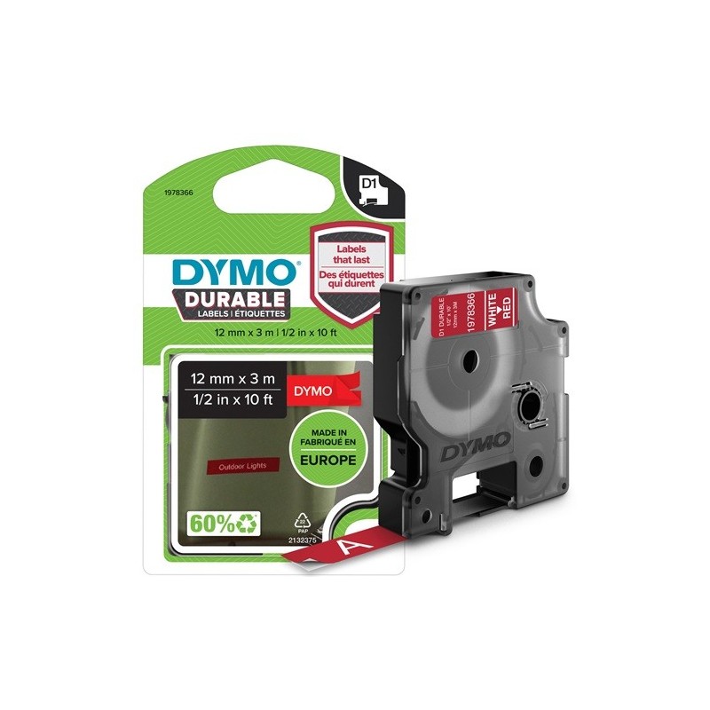 Dymo D1 Extra Strong 12mmx3m Musta/Punainen
