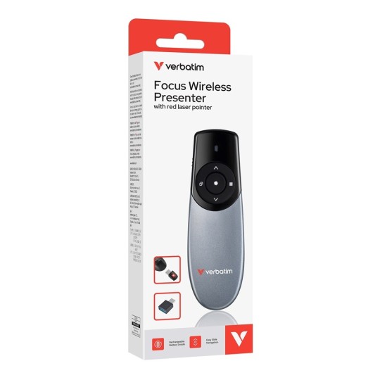 Tyylikäs ja ergonominen Verbatim Focus Wireless Presenter.