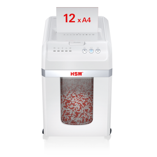 HSM Shredstar Autofeed X300. Paperintuhooja 300 arkin automaattisyötöllä ja manuaalisyötöllä. Turvaluokka P4, silppukoko 4x12mm.