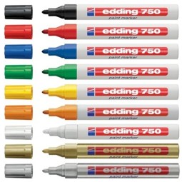 Maalikynä 2-4mm Edding 750 Paint Marker, osa väreistä sietää jopa 1000 asteen lämpötiloja.