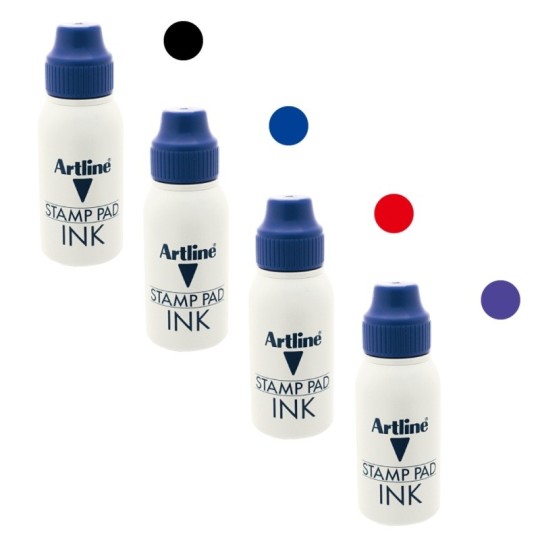 Leimasinmuste kumileimasimille, 50ml pullo. Saatavilla musta, punainen, sininen ja violetti muste.