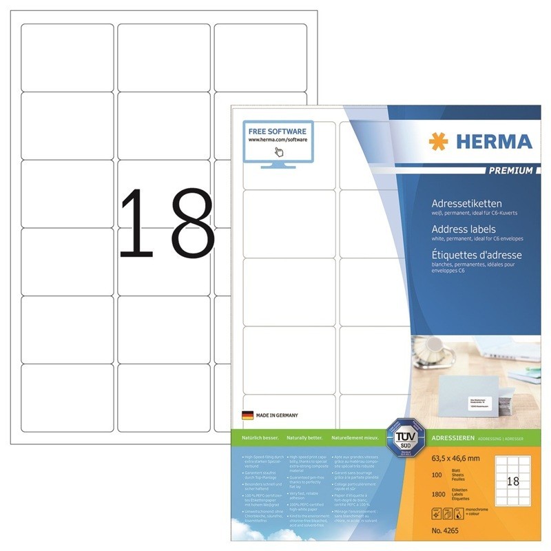 Laadukas, pyöreäreunainen tulostustarra Herma 4265 Premium, tarrakoko 46,6x63,5mm. 1800 tarraa pakkauksessa.