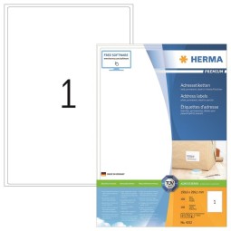 Laadukas, pyöreäreunainen tulostustarra Herma 4252 Premium, tarrakoko 289,1x199,6mm (vajaa A4). 100 tarraa pakkauksessa.