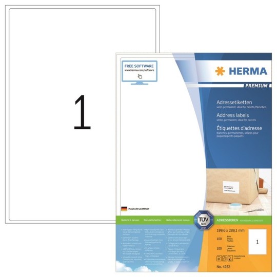 Laadukas, pyöreäreunainen tulostustarra Herma 4252 Premium, tarrakoko 289,1x199,6mm (vajaa A4). 100 tarraa pakkauksessa.