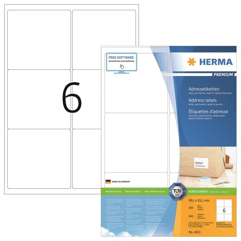 Laadukas, pyöreäreunainen tulostustarra Herma 4653 Premium, tarrakoko 93,1x99,1mm. 600 tarraa pakkauksessa.