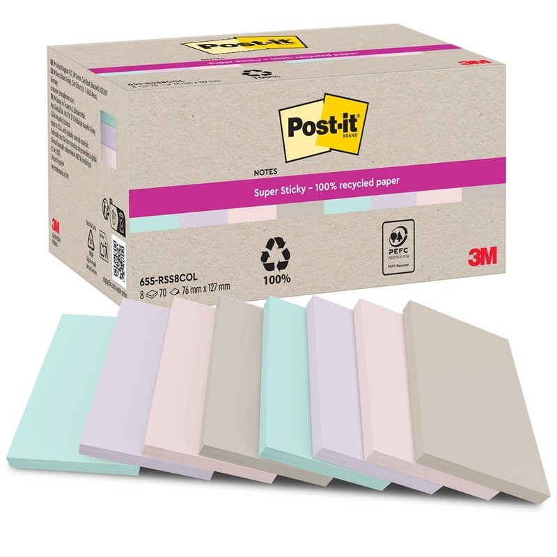 Aito Post-It 655 EKO 76x127mm Recycled viestilappu, 8 pastellisävyistä nidettä pakkauksessa