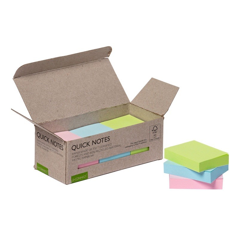 Edullinen, pieni Q-Connect Recycled Quick Notes -viestilappu, 12 pastellinsävyistä nidettä pakkauksessa.