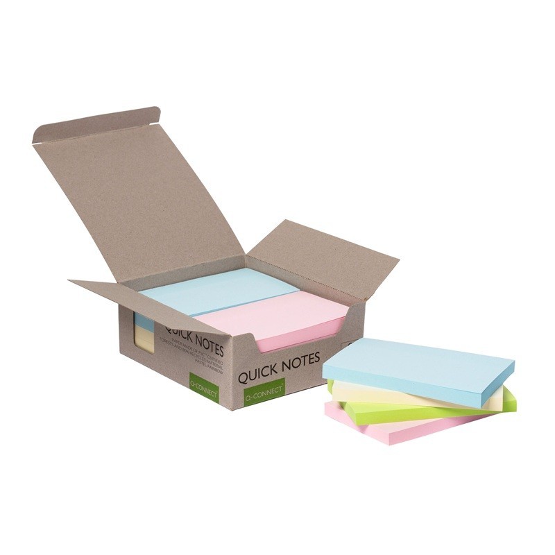 Edullinen, iso Q-Connect Recycled Quick Notes -viestilappu, 12 pastellinsävyistä nidettä pakkauksessa.
