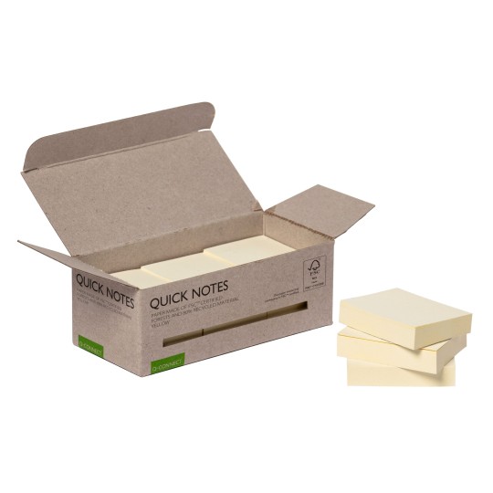 Edullinen Q-Connect Recycled Quick Notes -viestilappu, 12 keltaista nidettä pakkauksessa.