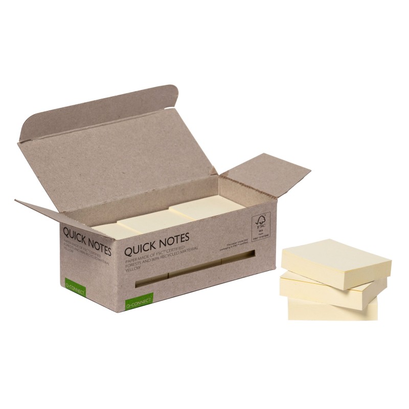 Edullinen Q-Connect Recycled Quick Notes -viestilappu, 12 keltaista nidettä pakkauksessa.