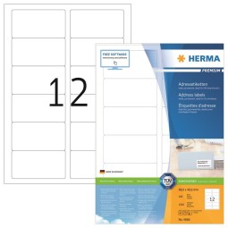 Laadukas, pyöreäreunainen tulostustarra Herma 4666 Premium, tarrakoko 46,6x88,9mm. 1200 tarraa pakkauksessa.