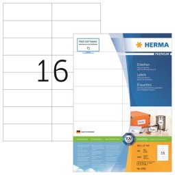Laadukas, teräväreunainen tulostustarra Herma 4462 Premium, tarrakoko 37x105mm. 1600 tarraa pakkauksessa.